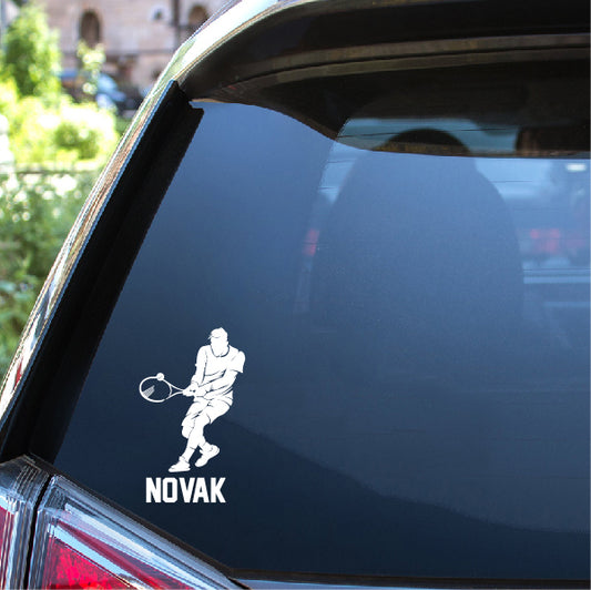 Tennis player with name hitting ball