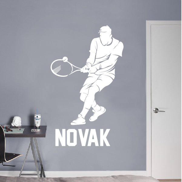 Tennis player with name hitting ball