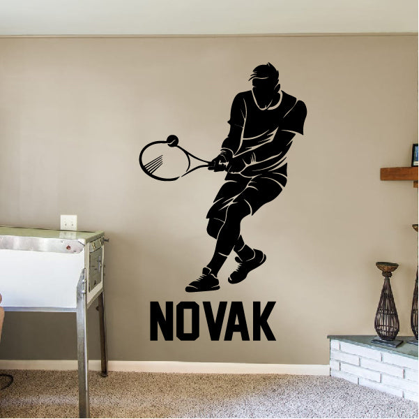 Tennis player with name hitting ball