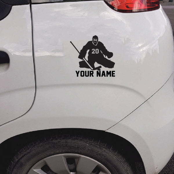 Goalie with number and name below